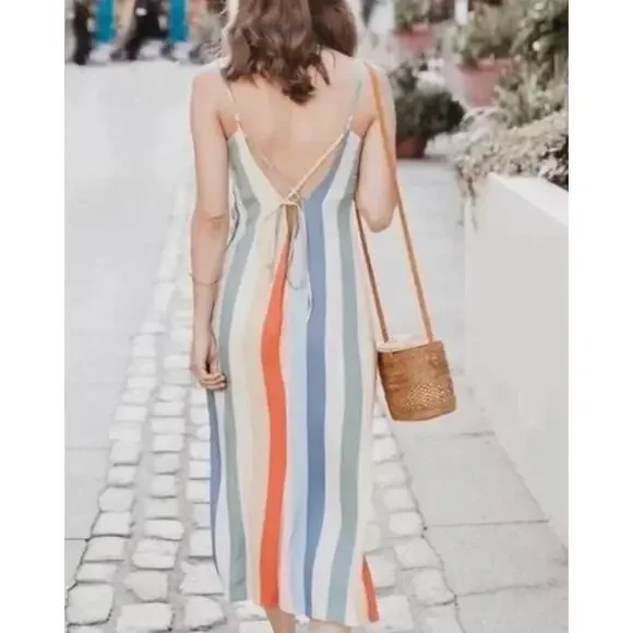 Reformation Rainbow Midi Dress 2 XS Striped V-neck spaghetti strap multicolor - Picture 4 of 11